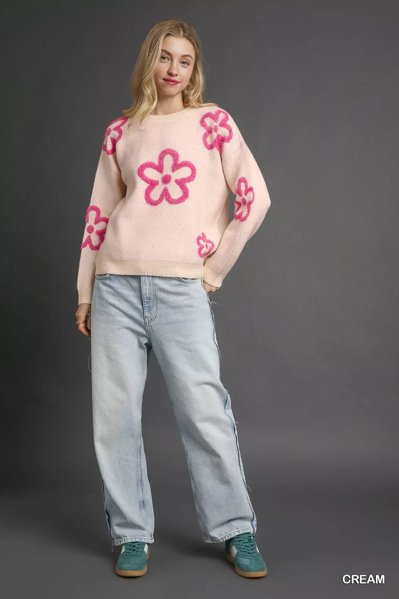 Umgee Round Neck Sweater with Pink Floral Accents – Feminine & Stylish Knit
