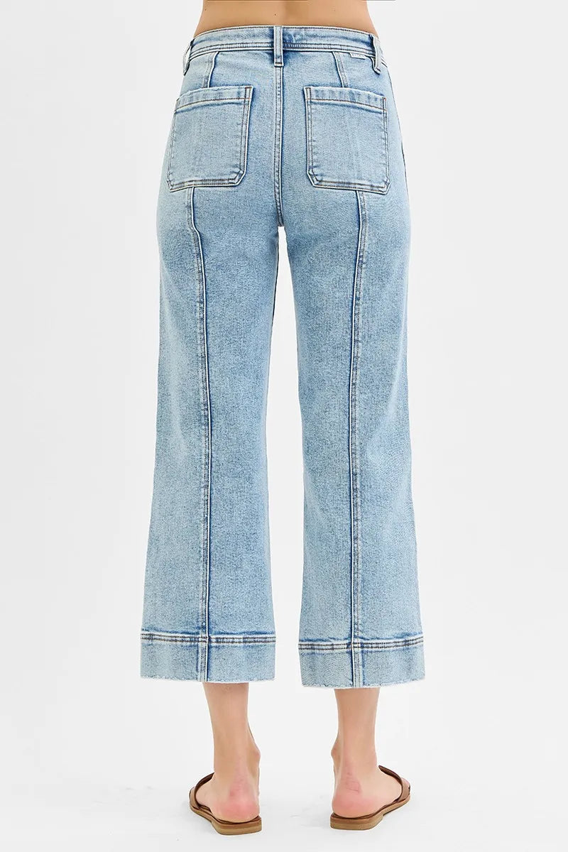 Light Wash Wide Leg Jeans – High Waist Contrast Stitch Cropped Fit