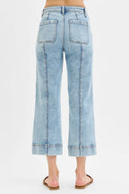 Light Wash Wide Leg Jeans – High Waist Contrast Stitch Cropped Fit