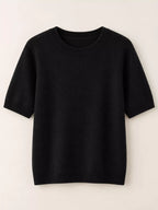 Black round-neck short-sleeve knit sweater with ribbed neckline and hem