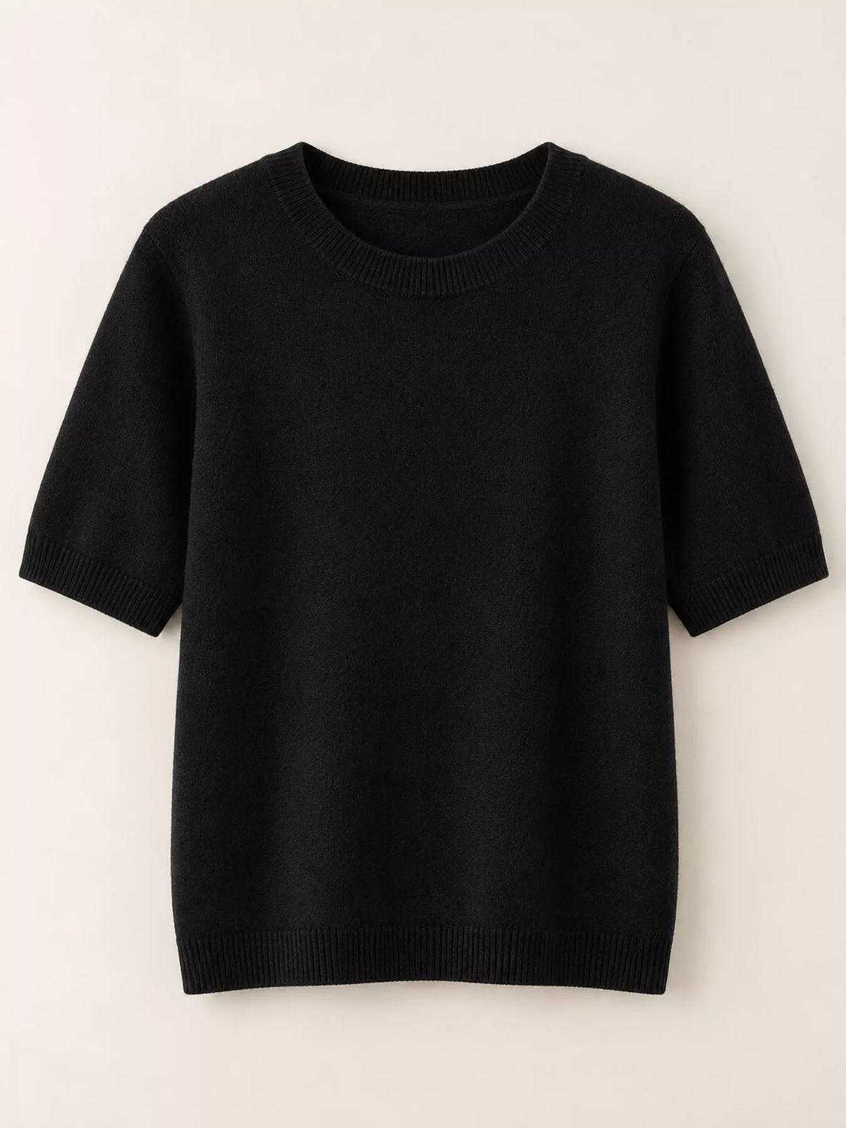Black round-neck short-sleeve knit sweater with ribbed neckline and hem