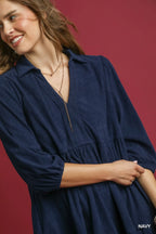 Tiered Corduroy Mini Dress – Balloon Sleeve Vintage-Inspired Style