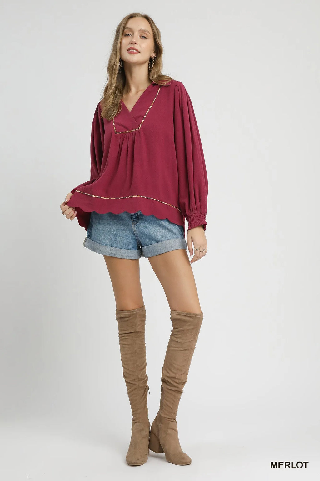 Linen Scallop Hem Blouse Contrast Trim Elegant Women’s Casual Plus Top
