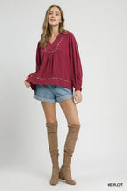 Linen Scallop Hem Blouse Contrast Trim Elegant Women’s Casual Plus Top
