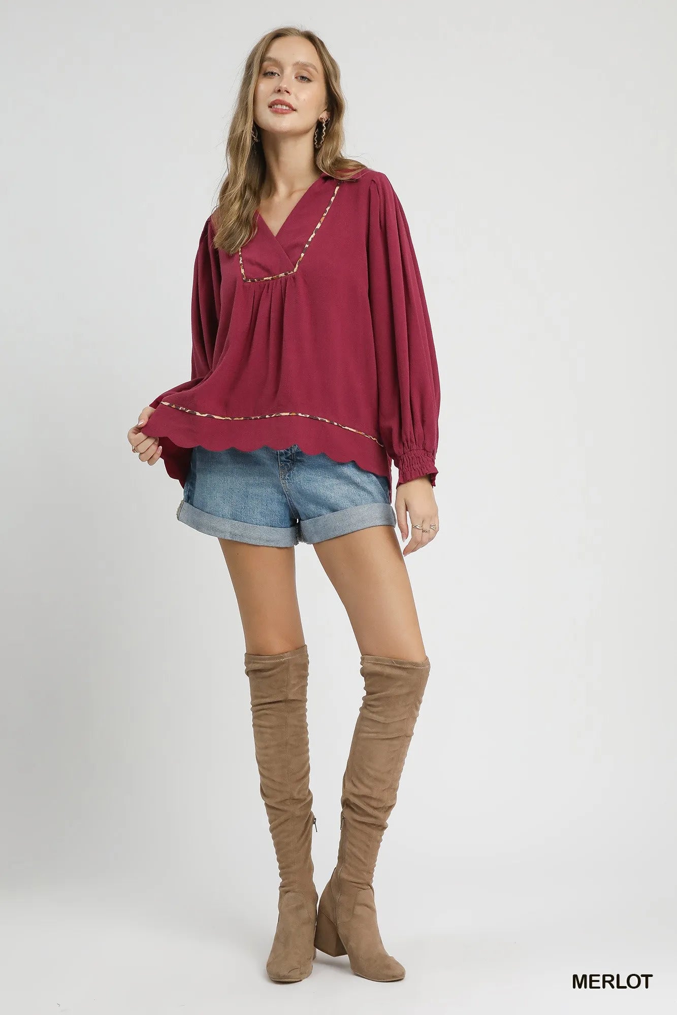 Linen Scallop Hem Blouse Contrast Trim Elegant Women’s Casual Plus Top