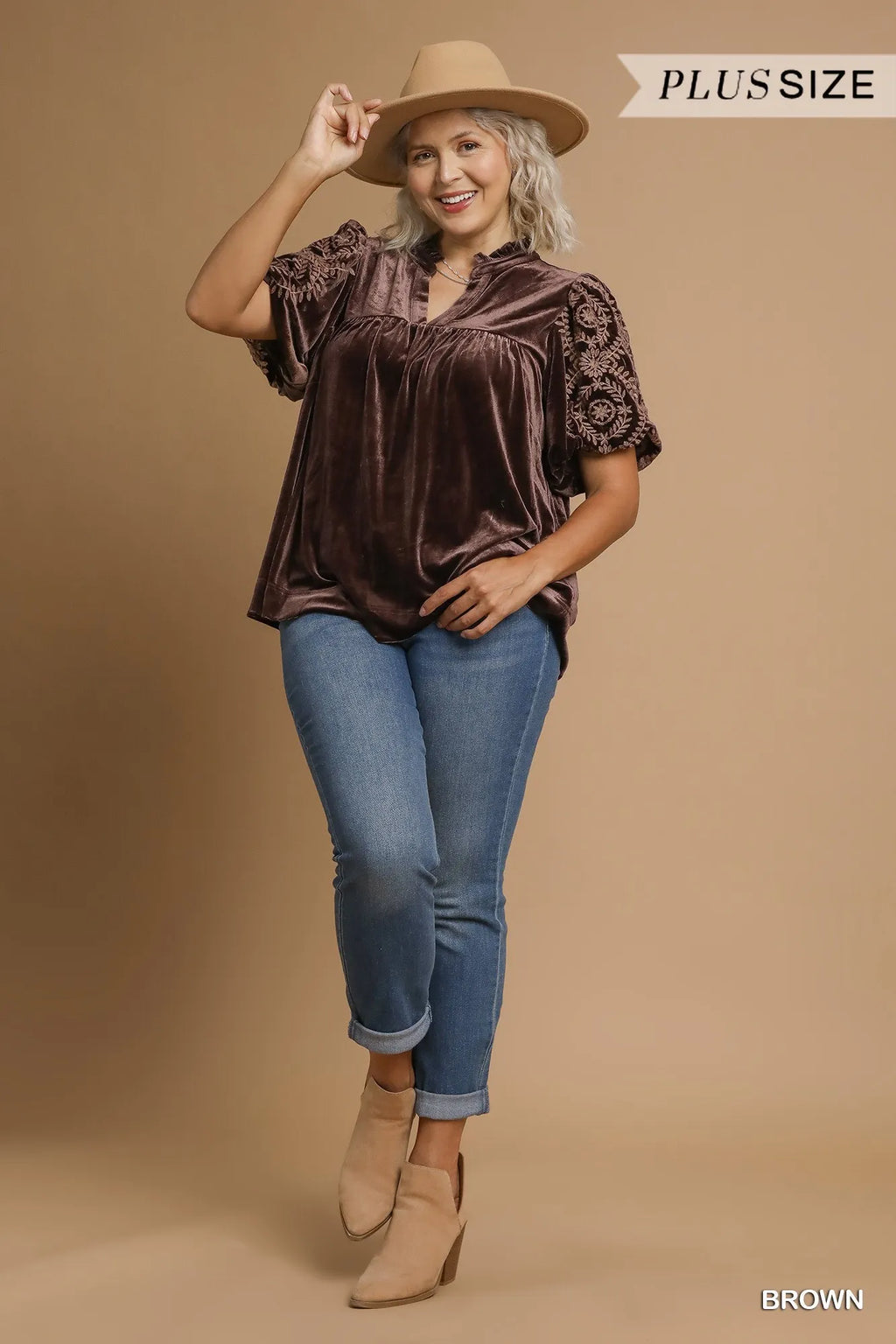 Bohemian Velvet Blouse with Embroidered Sleeves Brown Elegant Top