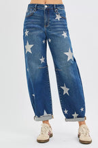 Dreamkue-Risen Women's Ankle Length Relaxed Barrel Star Print Jeans Trendy Casual Denim Pants