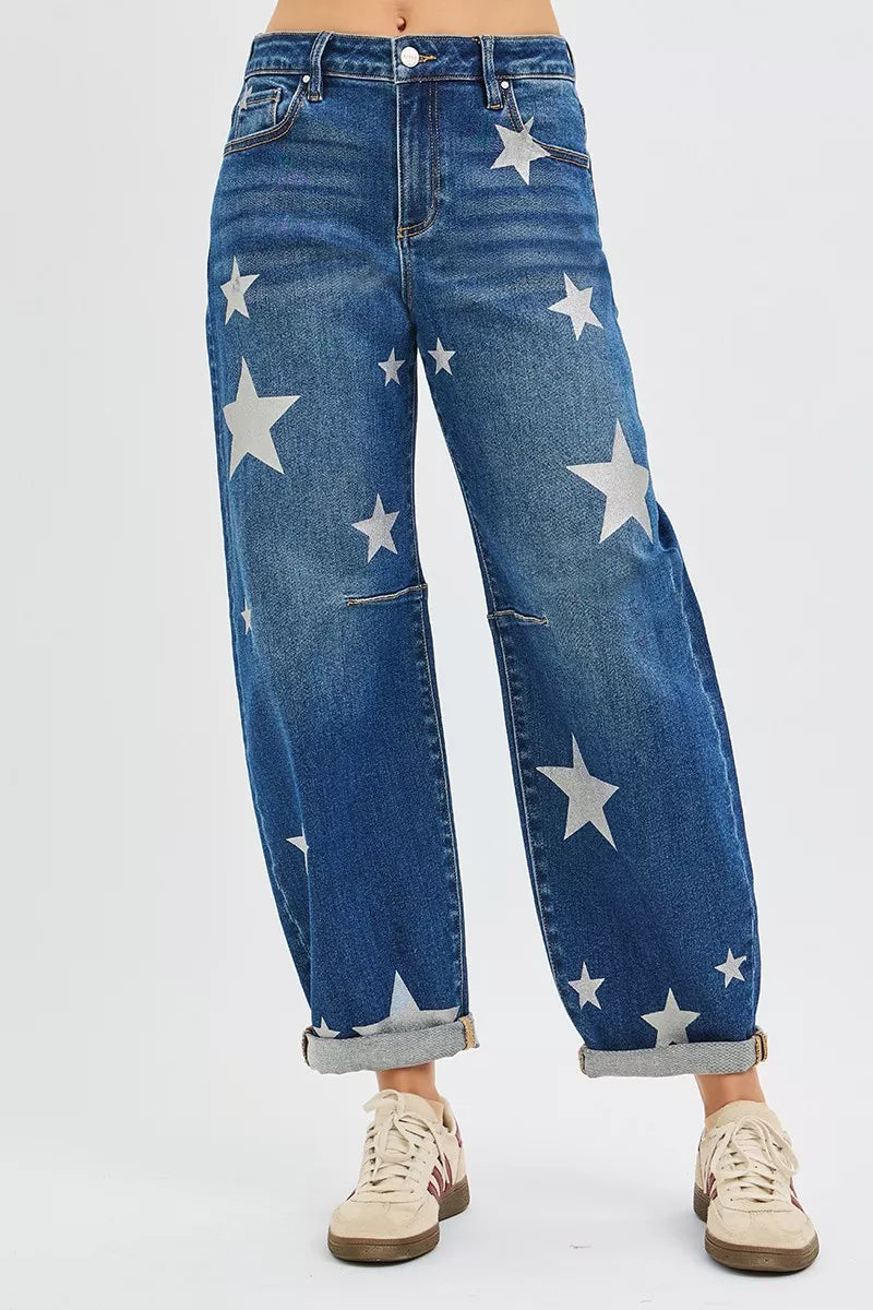 Dreamkue-Risen Women's Ankle Length Relaxed Barrel Star Print Jeans Trendy Casual Denim Pants