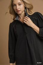French Terry Balloon Sleeve Shift Dress with Leopard Print
