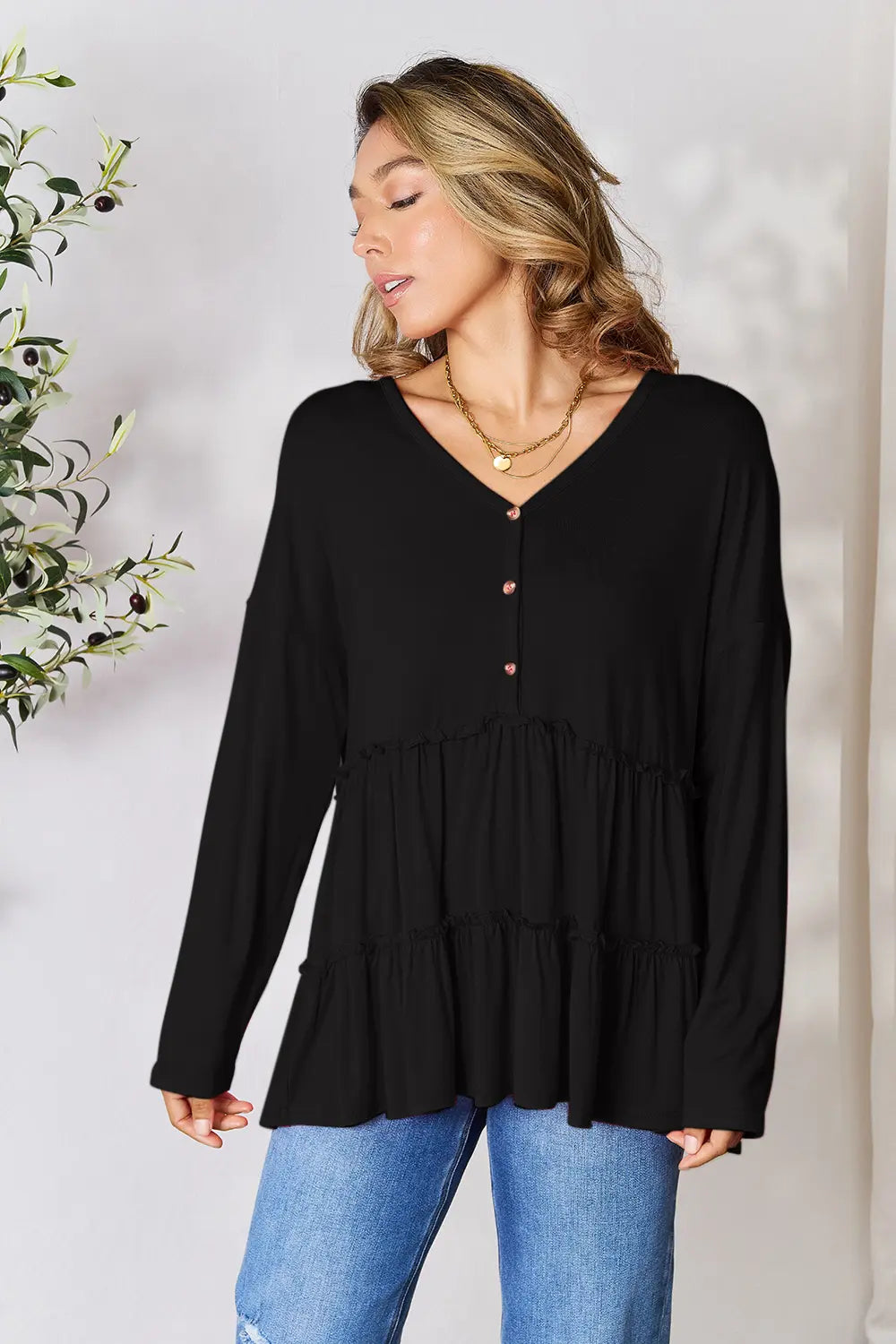 Half Button Ruffle Hem Blouse – Feminine, Flowy & Versatile