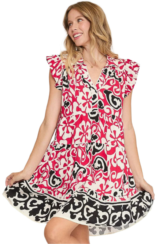 Umgee Floral Ruffled Cap Sleeve Tiered Dress