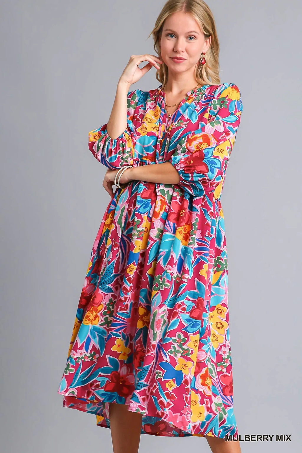 Floral Print Tie Neck Midi Dress with Pockets – Elegant & Chic