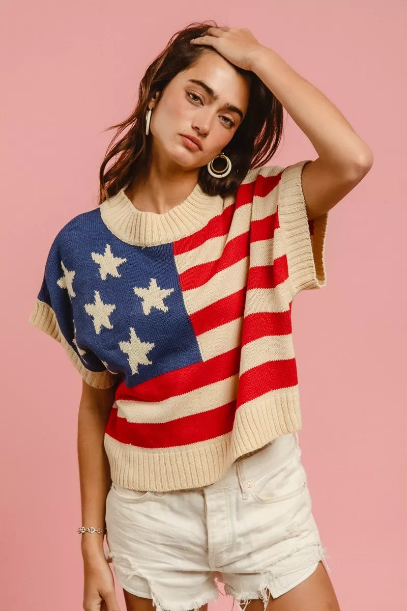 American flag knit sweater, short sleeves, blue stars panel with red-white stripe panel