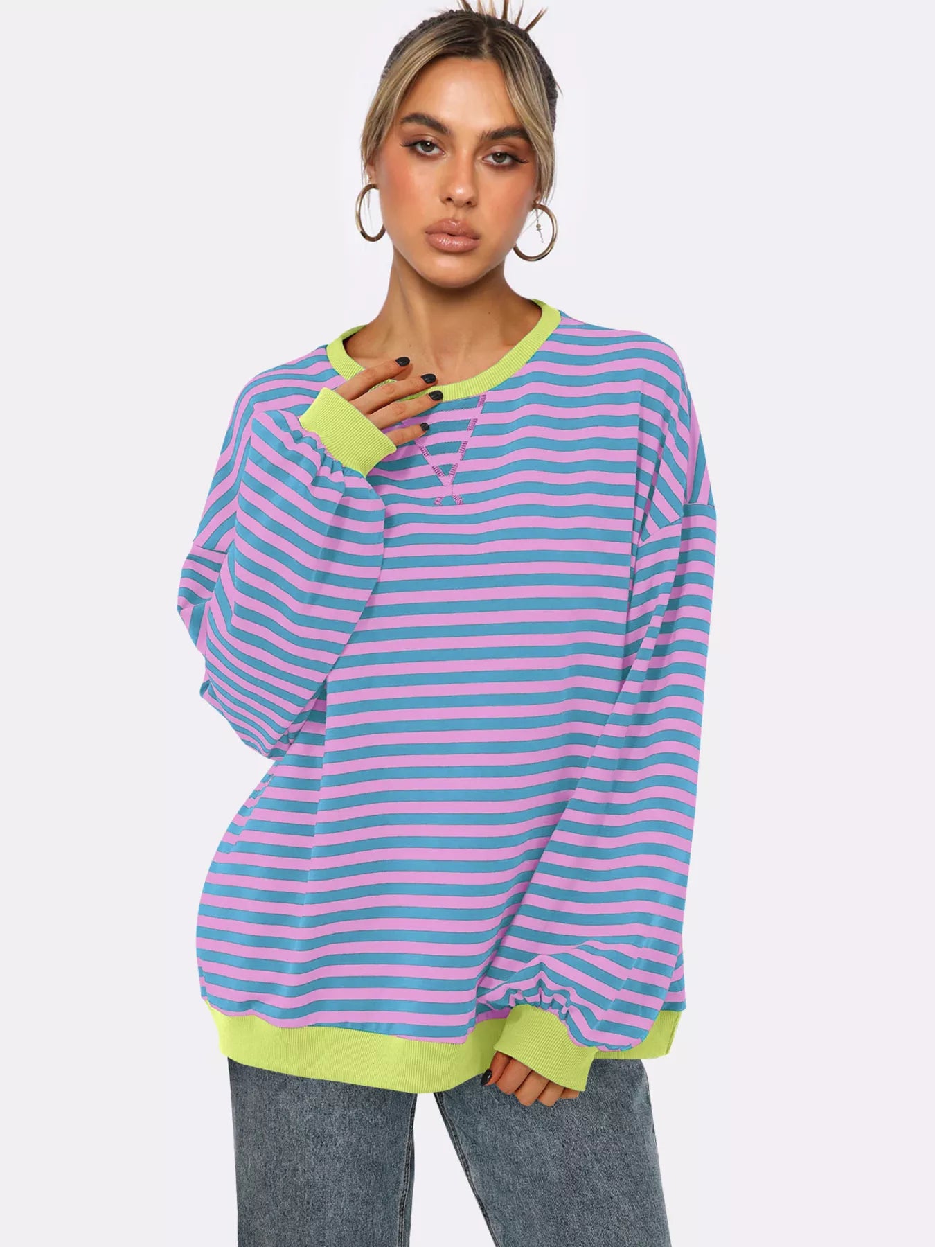 Striped Round Neck Long Sleeve Sweatshirt – Casual Everyday Style