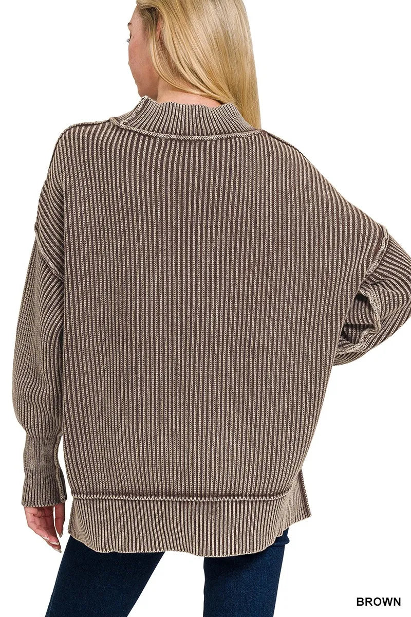 Washed Side Slit Oversized Sweater – Vintage Casual Knit Top