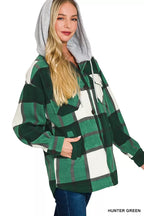 Women's plaid fleece shacket with drawstring hood, long sleeves, button closure