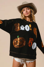 Halloween Sequin Pumpkin & Ghost Sweatshirt – Oversized Black Pullover