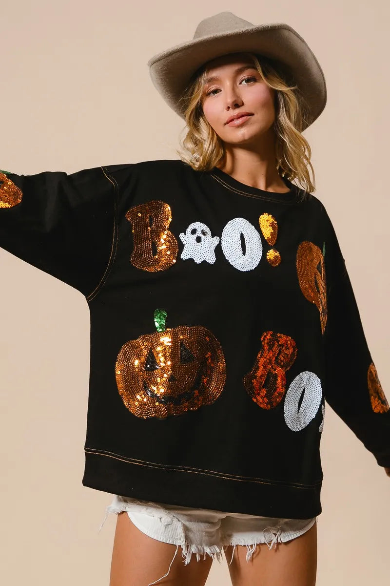Halloween Sequin Pumpkin & Ghost Sweatshirt – Oversized Black Pullover
