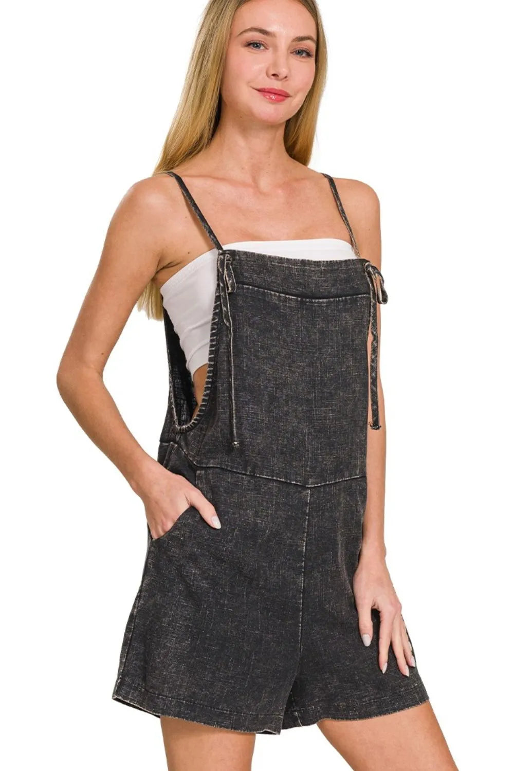 Denim Overall Romper – Adjustable Straps, Pockets & Vintage Wash