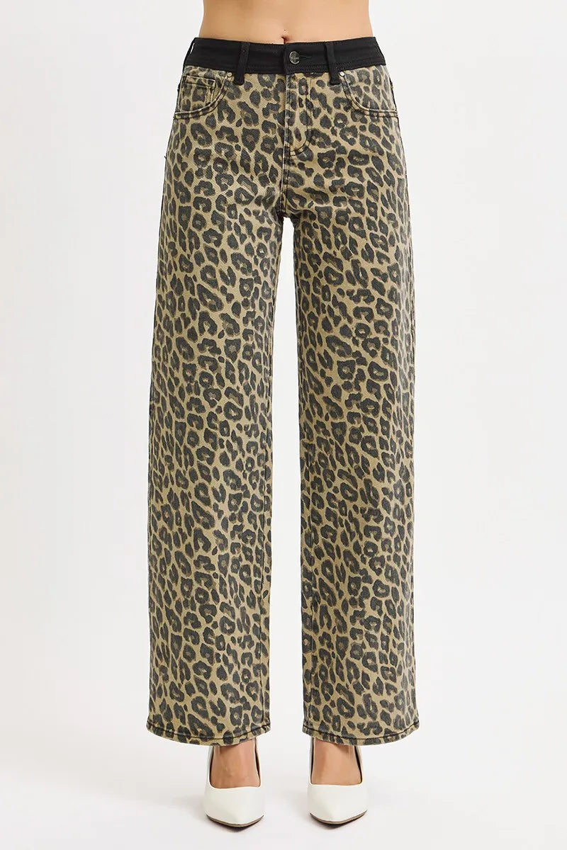 High Rise Wide Leg Leopard Print Jeans | Bold Contrast Waistband
