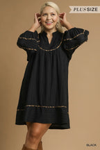 Textured Babydoll Dress with Leopard Trim Trendy & Playful Style