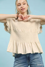 Umgee Linen Blend Smocked Peplum Blouse – Chic & Feminine Style