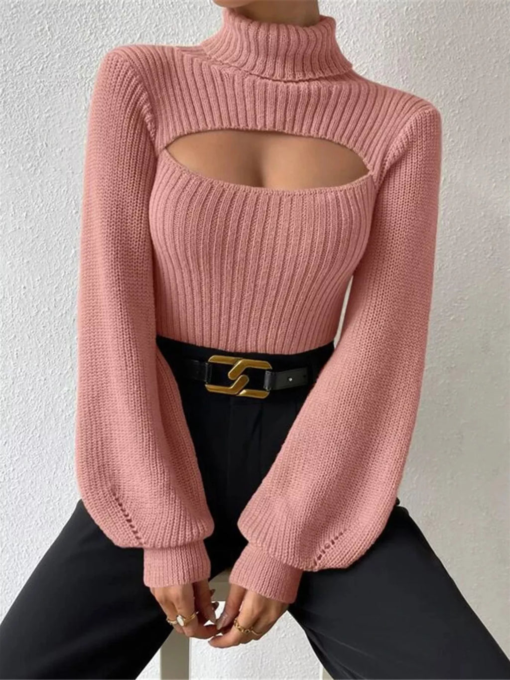Cutout Front Turtleneck Long Sleeve Sweater – Chic Modern Knit