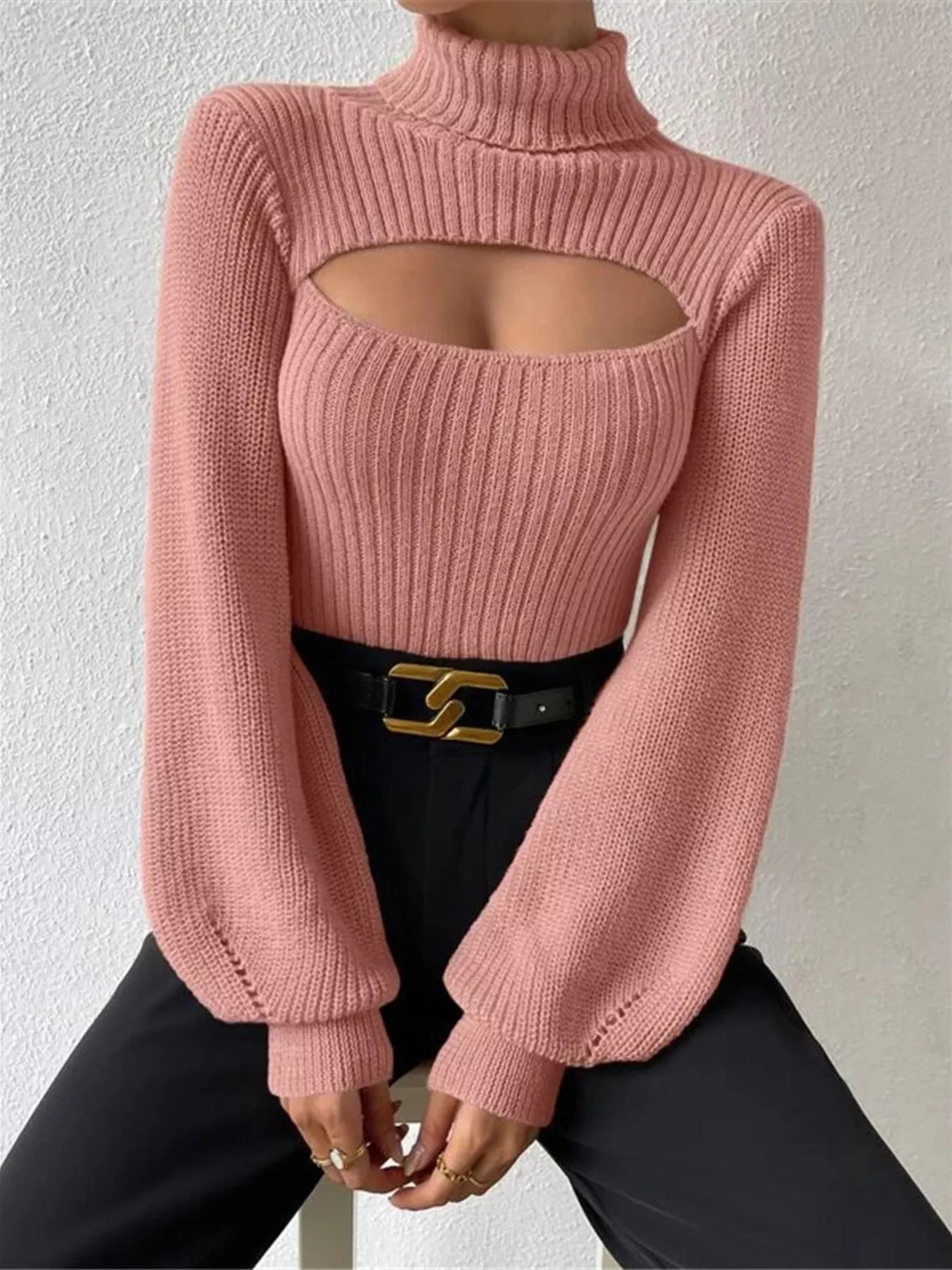 Cutout Front Turtleneck Long Sleeve Sweater – Chic Modern Knit