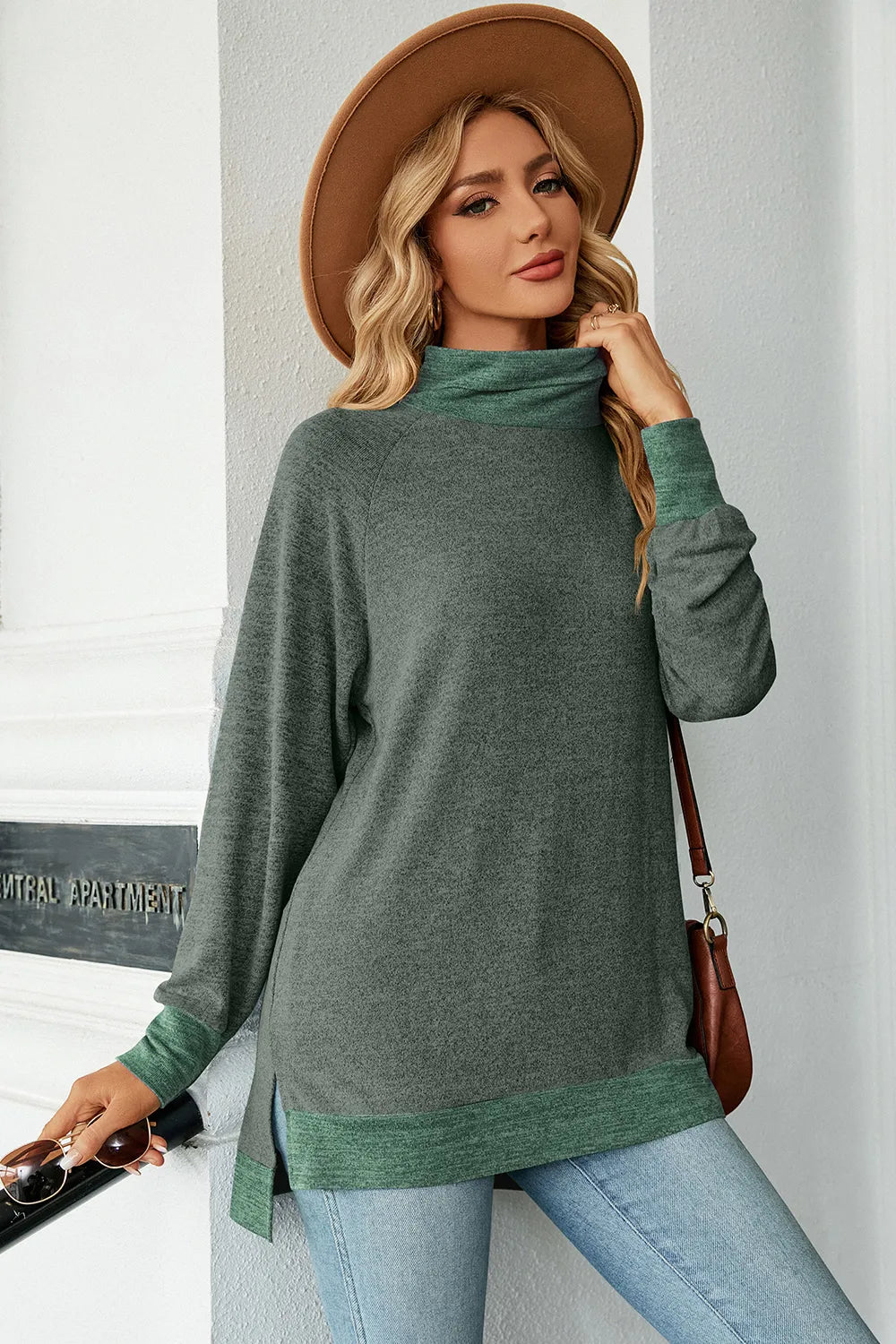 Heather green mock neck long sleeve tee with slit hem and contrast hem band