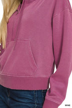 Women’s wine fleece half-zip hoodie with kangaroo pocket and ribbed hem