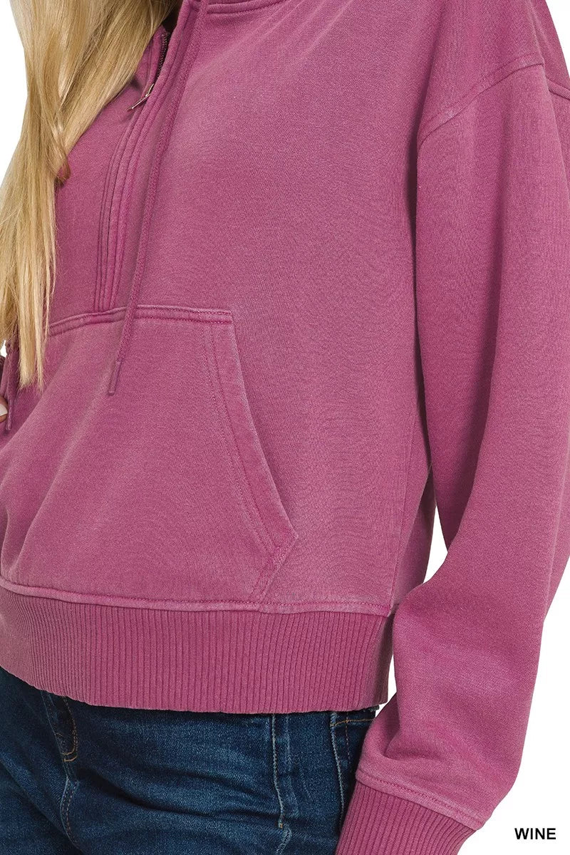 Women’s wine fleece half-zip hoodie with kangaroo pocket and ribbed hem