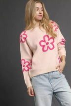 Umgee Round Neck Sweater with Pink Floral Accents – Feminine & Stylish Knit