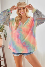 V-Neck Tie-Dye French Terry Top with Shimmer – Trendy & Cozy