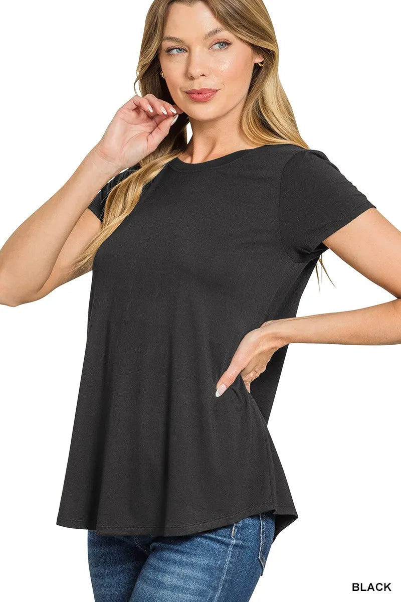 Flowy Rayon Short Sleeve T-Shirt with Round Hem | Women’s Casual Top