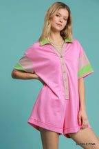 Pink & Green Colorblock Romper – Oversized Button-Up Summer Outfit
