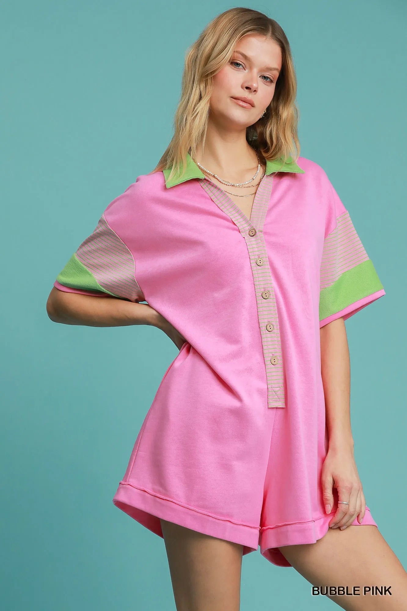 Pink & Green Colorblock Romper – Oversized Button-Up Summer Outfit