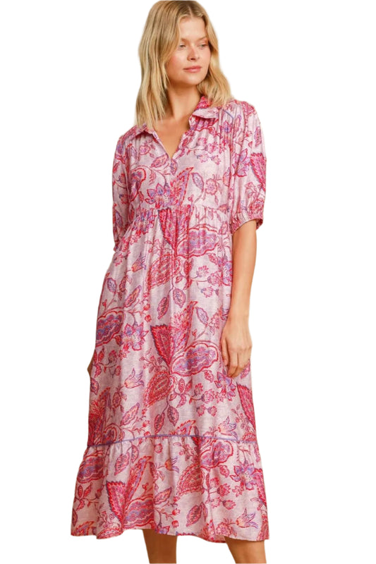 Umgee Ruffled Hem Floral Paisley Print Half Sleeve Midi Dress