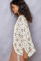 Chenille V-Neck Relaxed Fit Cardigan – Floral Batwing Design