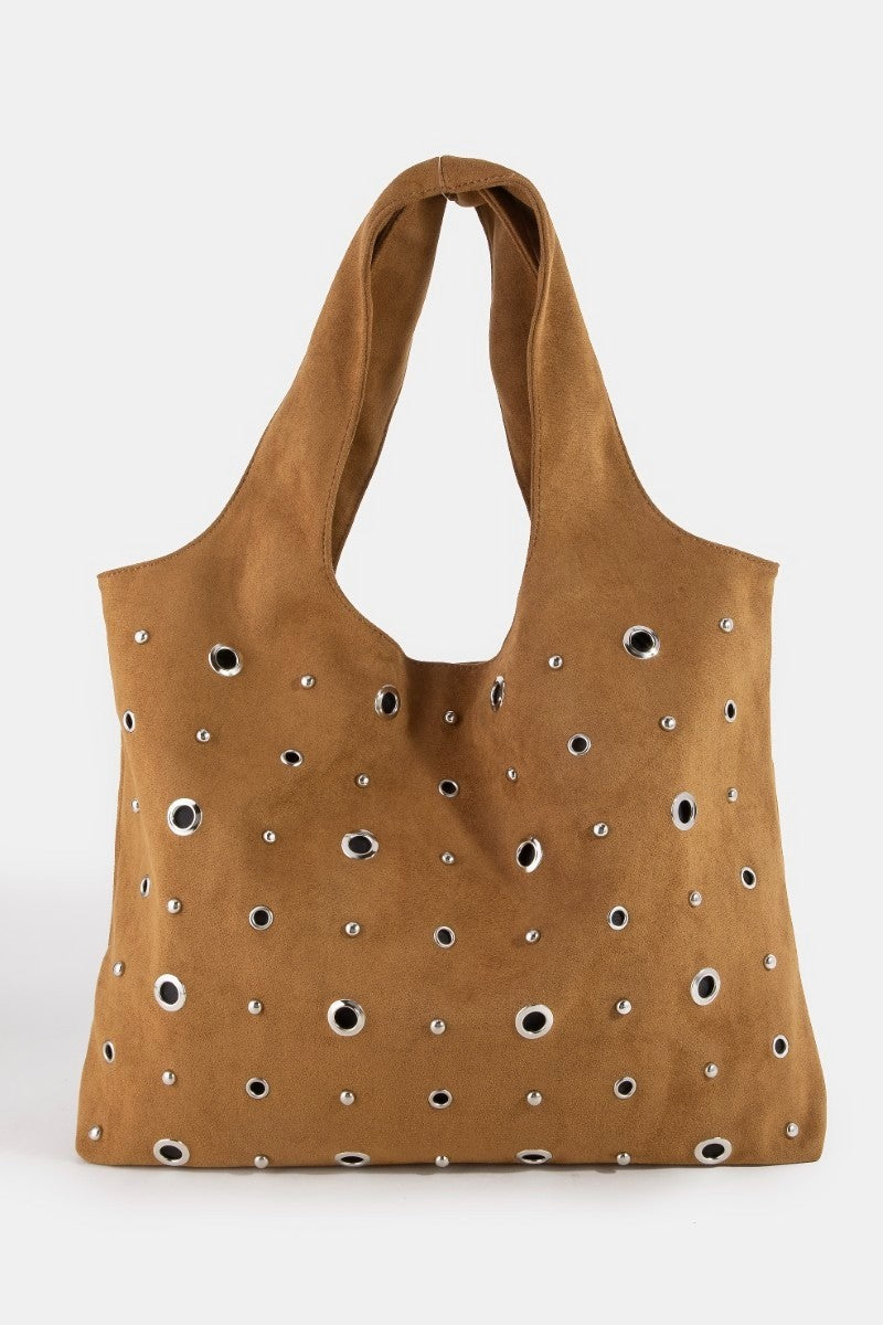 Large suede shoulder tote in tan with silver grommet eyelets and short handles