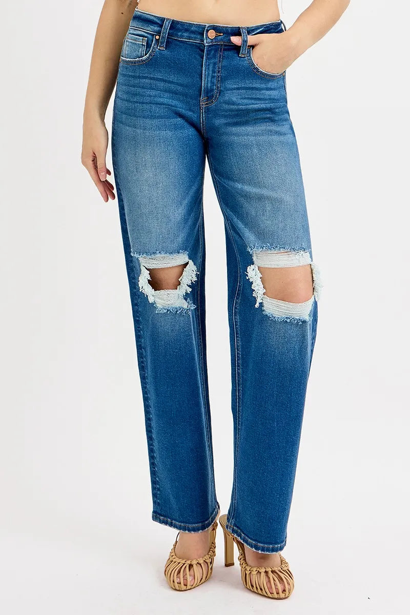 Distressed Knee Straight Leg Jeans – Medium Blue Stretch Denim