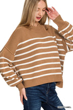 Camel & White Striped Oversized Sweater – Soft Knit, Casual Fit