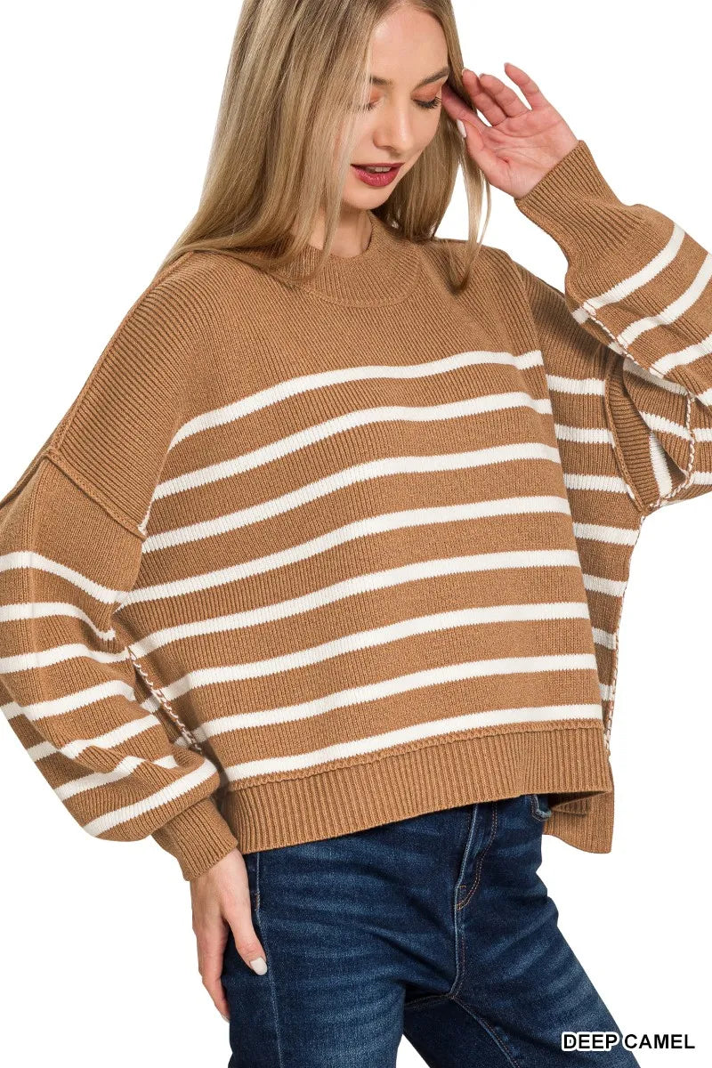 Camel & White Striped Oversized Sweater – Soft Knit, Casual Fit
