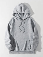 Heather gray drawstring hoodie with kangaroo pocket and dropped-shoulder seams.