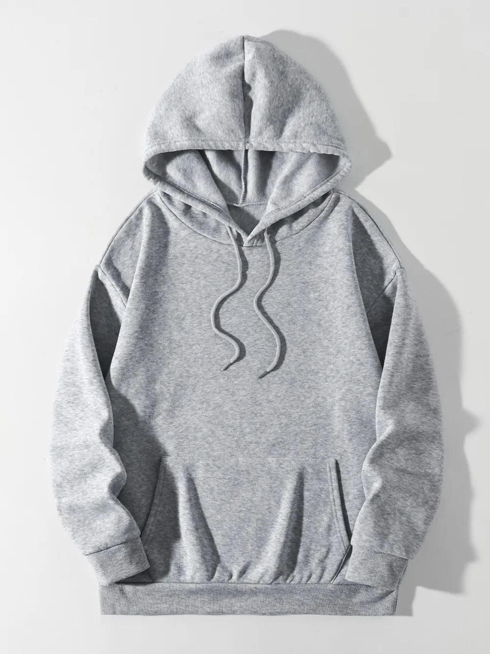 Heather gray drawstring hoodie with kangaroo pocket and dropped-shoulder seams.