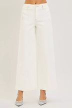 RISEN high-rise cream denim wide-leg ankle pants, front view with belt loops