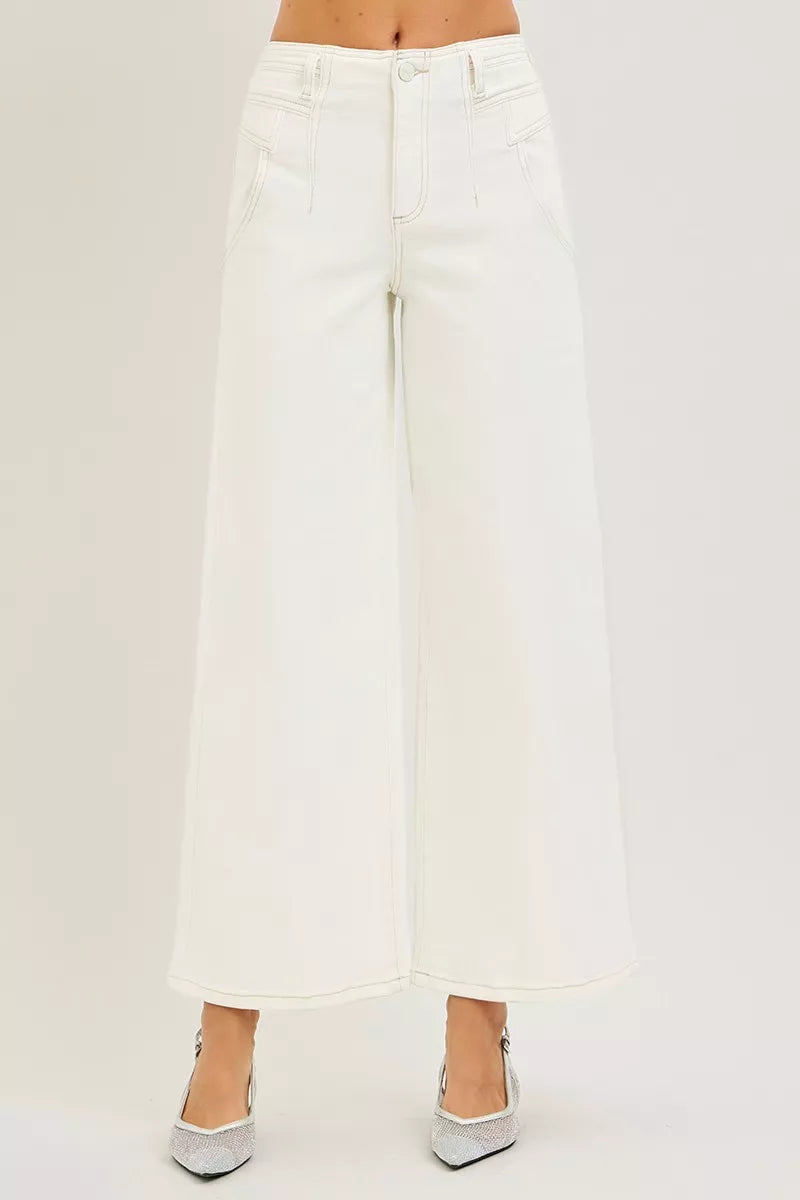 RISEN high-rise cream denim wide-leg ankle pants, front view with belt loops