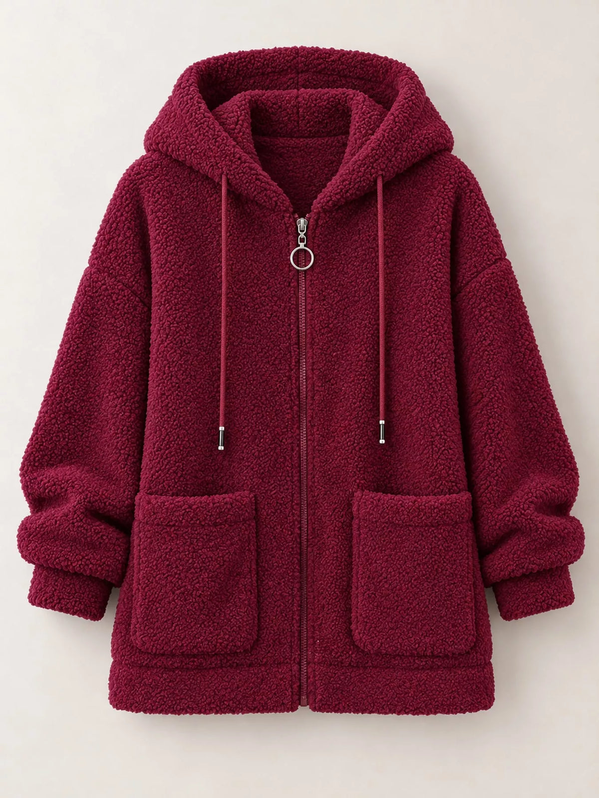 Burgundy fleece zip-up hoodie with drawstring hood and front patch pockets, zip front.