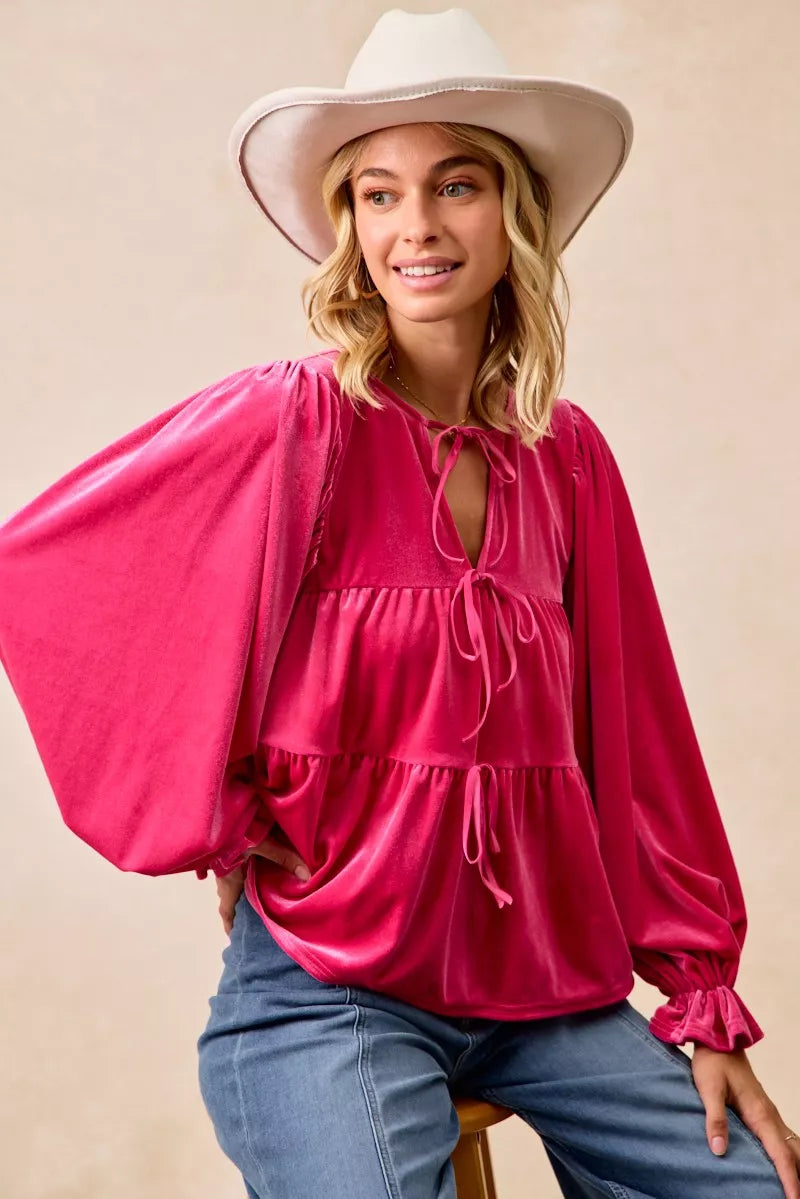 BiBi Christmas Velvet Bow Blouse – Elegant Festive Holiday Top