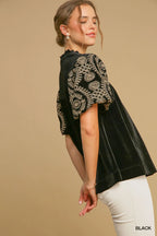 Velvet Embroidered Sleeve Blouse Luxe Ruched Top with Elegant Detailing