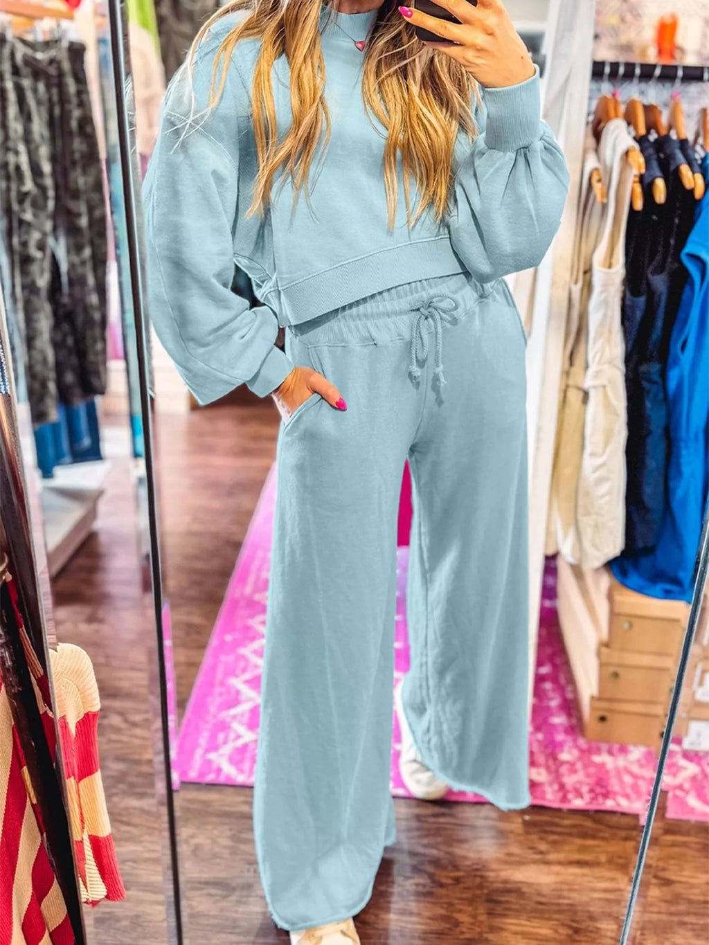 Puff Sleeve Crop Top & Drawstring Wide Leg Pants Set – Chic & Comfy
